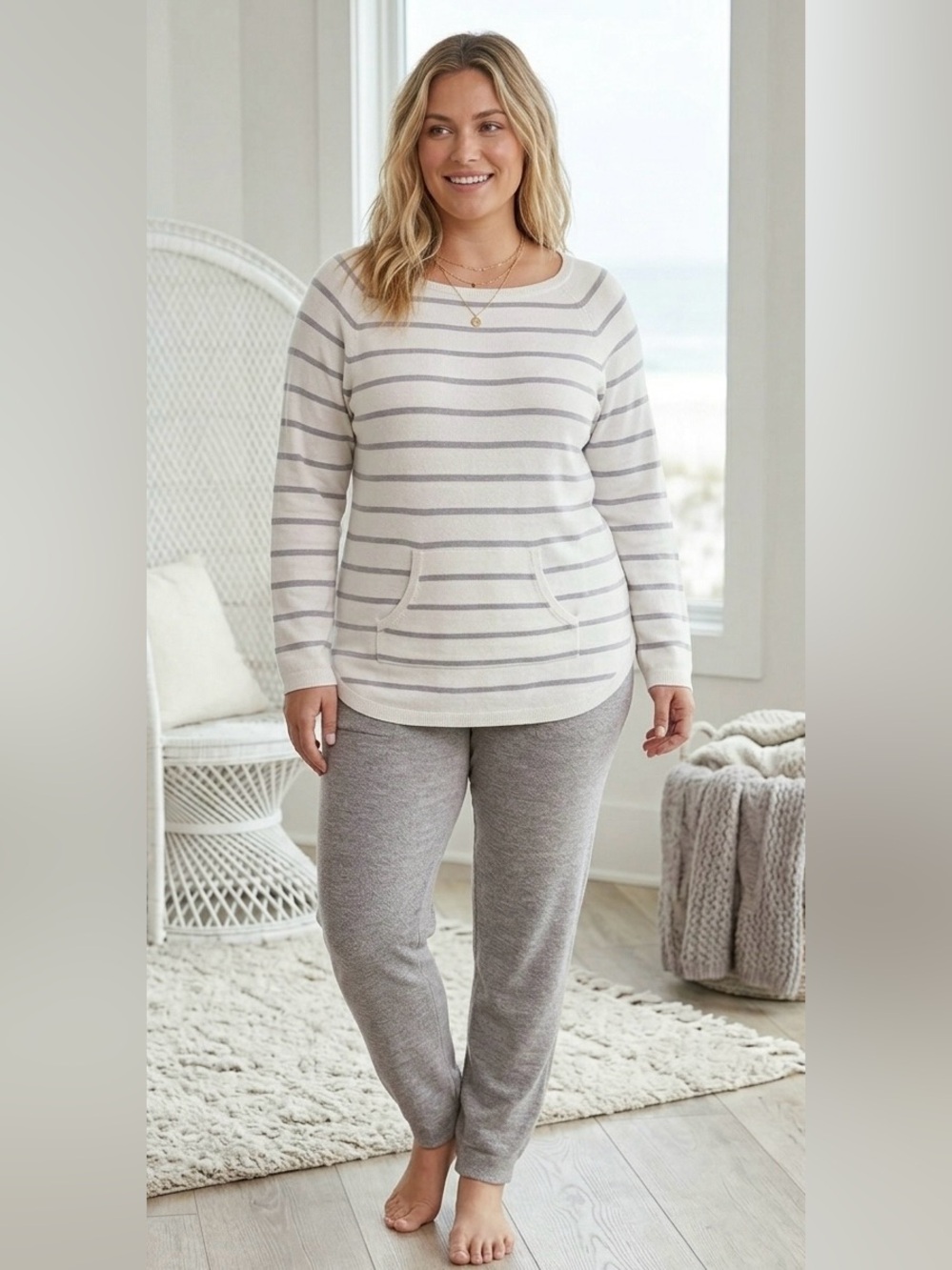 Barefoot Dreams CozyChic Ultra Lite Grey Striped Raglan Pullover Sweater XL